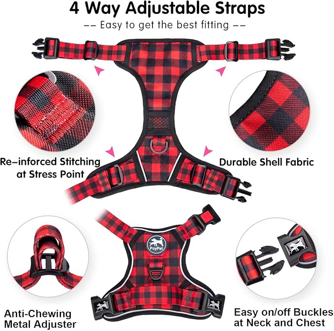PoyPet Plaid Dog Harness Large, No Pull Vest with Front Clip & Neck Buckle | Padded Handle, Reflective, No Choke, Lockable, 2 Leash Rings, Full Adjustable, for Training Walking, L, Checkered Red - Image 4