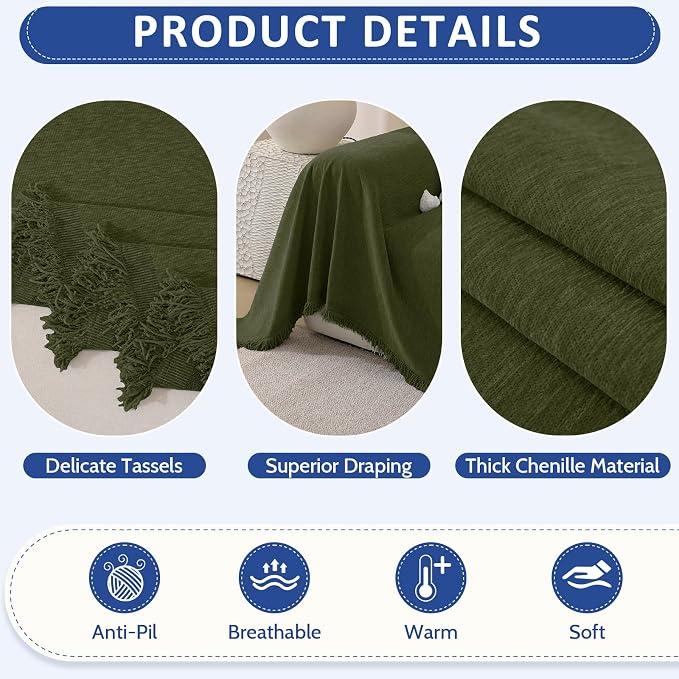 Chenille Couch Cover for Dogs Washable Boho Throw Blanket Washable | 71"×150",Grass Green, Soft Chenille, Tassel Design, Pet Friendly, Furniture Protector, for Couch, Sofa, Bed, Living Room - Image 5