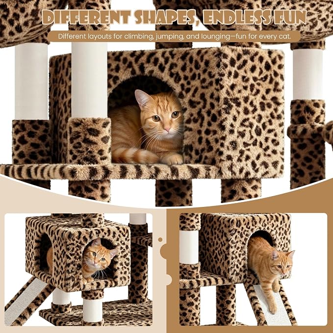Sha Cerlin 87 in Multi-Level Tall Cat Tree Tower for Large Cats/Extra Wide Feline Activity Center/Sisal Scratching Posts/Wide Base/Cozy Plush Perches/Baskets/Hammocks/Toy Balls/Leopard Print - Image 3