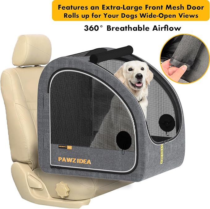 PAWZIDEA Portable Dog Crate for Car Travel, Medium & Large Dogs Up to 80lbs | Soft-Sided Dog Car Kennel for Backseat, Secures Seatbelt & Headrest Strap, Collapsible Enclosed Car Seat Carrier, Chew-Proof - Image 9