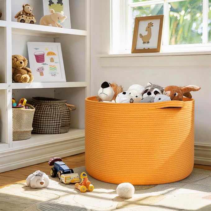 MEGASKET Extra Large 115L Orange Basket, 23.6"x15.7" Woven Cotton Rope Bins for Blankets, XXXL Baby Nursery Laundry Towel Basket, Oversized Kids Dog Toy Storage Box, Orange Living Room Decor Organizer - Image 6
