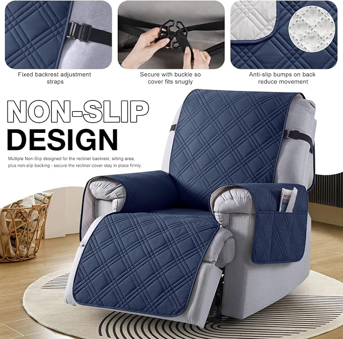 TAOCOCO 100% Waterproof Recliner Chair Covers, Non Slip Recliner Covers for Recliner Chair with Pocket, Washable Reclining Chair Cover Furniture Protector for Kids,Dogs(25'', Navy Blue) - Image 6