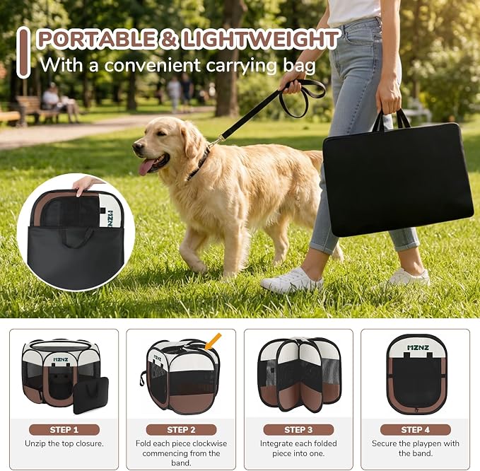 Dog Cat Small Animal Puppy Playpen Crate, Large, Brown | Portable Pop Up Pet Cage Enclosure Tent Kennel Indoor Outdoor with Carrying Case, No Assembly, Camping Use - Image 5