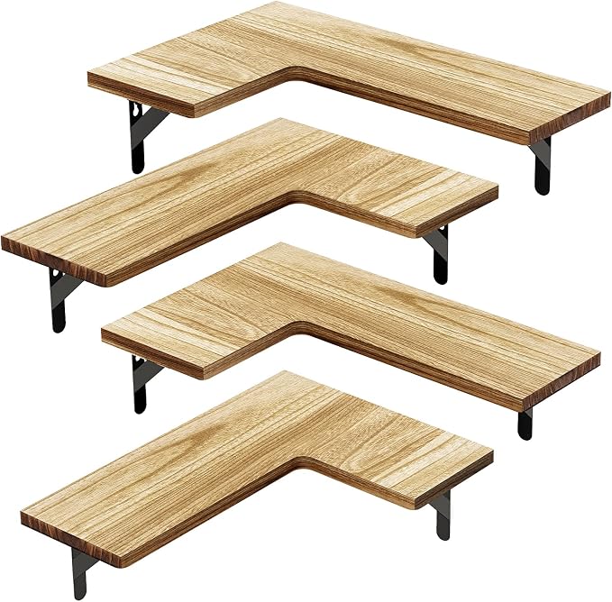 Amada Corner Floating Shelves, Paulownia Wood, Set of 4, Natural Wood | Corner Wall Shelves with Triangular Metal Bracket, 44 lbs Capacity per Shelf, L-Shaped Design for Bathroom, Laundry Room - Image 8