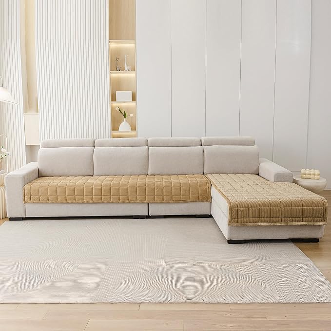 Couch Covers for Sectional Sofa, L Shaped Modular Couch Cover | 35”x94” Light Brown Velvet Non Slip Sofa Covers Washable for 4 Cushion Sofa, Couch Protect Against Pet Hair, Scratches Stains - Image 4