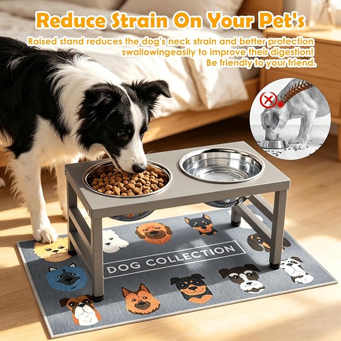 10'' Metal Raised Dog Bowl Stand, Elevated Dog Bowls with 2 Stainless Steel Bowls (1700ml/58oz) & Anti-Spill Mat for Medium/Large Breeds,Gray - Image 2
