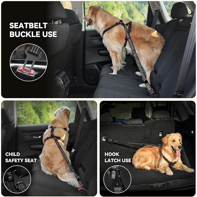 Pawaboo Dog Seat Belt Harness for Car, Seatbelt Harness with 2 in 1 Buckle | Adjustable Breathable Harness for Car, Elastic Reflective Heavy Duty Dog Tether, for Small Medium Large Pets, L, Black - Image 4