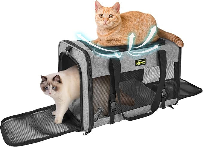 Pet Carrier 20"x13"x13", Foldable Soft Travel Bag for Cats & Dogs | Portable carrier with anti-scratch mesh and sturdy support. Fits two cats, small dogs and pets up to 25 lbs for travel. by KISFLY
