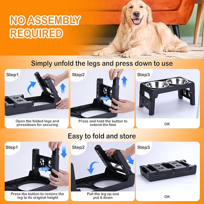 LALOBLUE Elevated Dog Bowls, Raised Bowl with 2 Stainless Steel Food Bowls, Dog Bowls Stand Adjusts to 5 Heights 2.95", 8.46", 9.65", 10.82", 12.01" for Small Medium Large Cats Pets,Black - Image 6