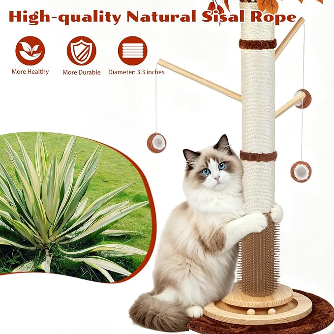 Cat Scratching Post, 46" Tall Scratcher Post for Indoor Adult Cats | Heavy Duty Scratching Post 100% Natural Sisal, Stable 3-Layer Wood Base, Hanging Ball and Track Toy for Indoor Adults Cats - Image 5