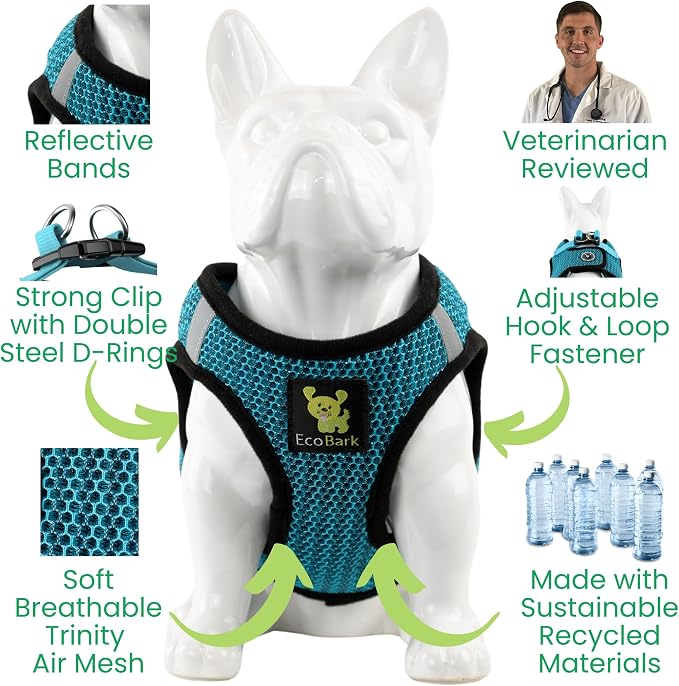 EcoBark Step in Dog Harness - Eco-Friendly Small & Medium Breed Dog Harnesses - Reflective and Adjustable Mini Body Halter Vest - Soft Mesh Toy Breed Harness (Aqua Blue, Medium) - Image 4