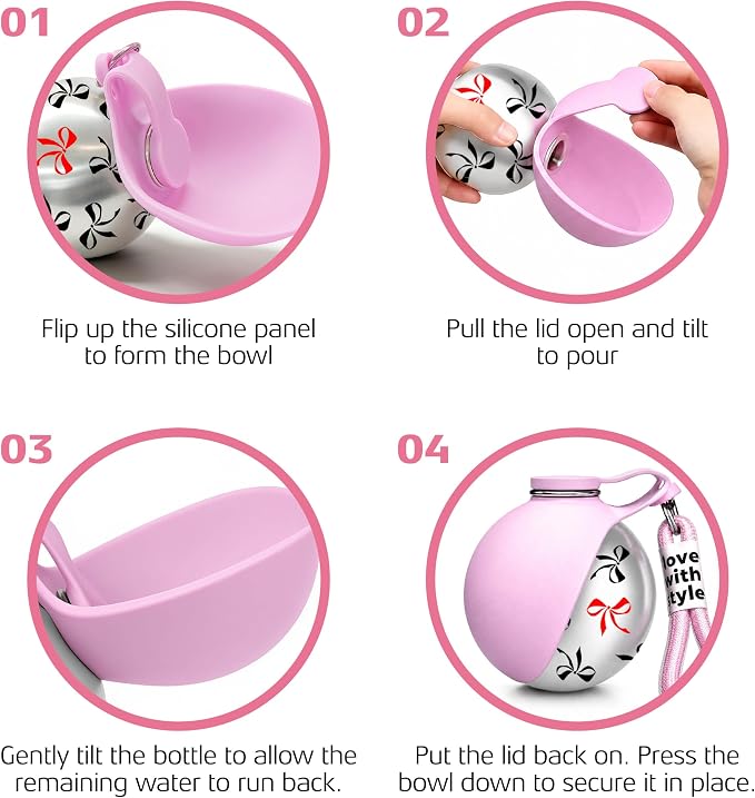 Portable Dog Water Bottle for Walking, 10oz Stainless Steel Pet Water Dispenser with Foldable Silicone Bowl, Leak-Proof Puppy Water Bottle for Small Dogs&Cats,Travel Hiking Outdoor Use(Pink Bow Print) - Image 5