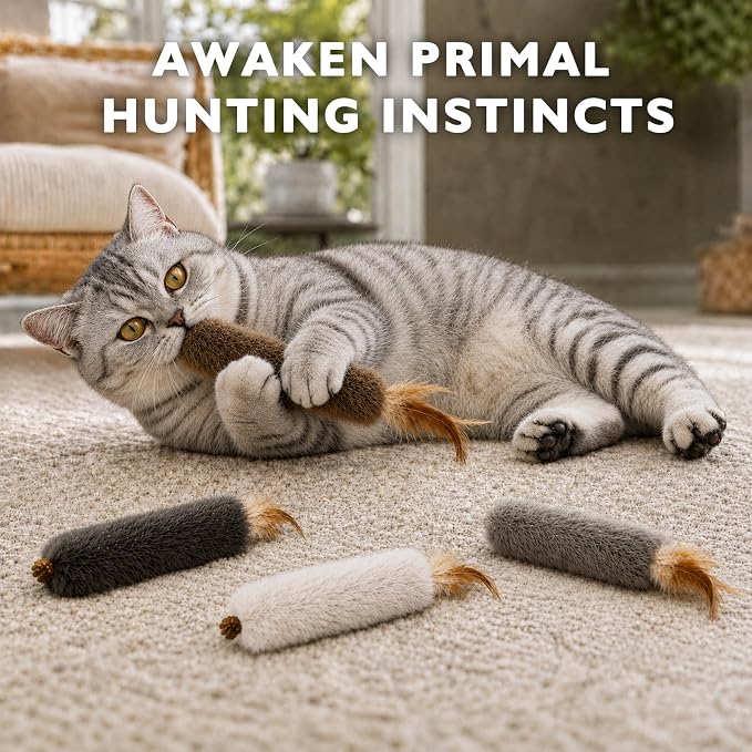 4 Pack Faux Rabbit Fur Catnip Toys with Silvervine Gall Fruit - Silent Interactive Cat Toys with Feathers, Perfect for Chewing and Chasing for Indoor Cats and Kittens - Image 5