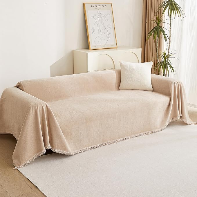 MYSKY HOME Dog Sofa Covers Khaki L-Shaped Sofa Slipcovers, Loveseat Couch Cushion Cover Tassel Edge, 91"x 118 - Image 7