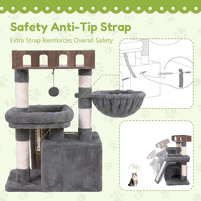 Heybly Cat Tree, Multi-Season Stable Cat Activity Tower, HCT207SW | Wooden Top Platform Cat Tower, Soft Plush Perch, Sisal Scratching Board, Cat Basket & Cozy Kitten Cat Condo, Light Gray - Image 6