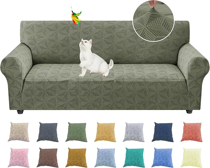 YEMYHOM 1 Piece Stretch Couch Covers for 3 Cushion Couch, Jacquard Sofa Cover with Non-Slip Elastic Bottom, Thickened Slipcover Furniture Protector for Dogs Pets (Large, Army Green） by YEMYHOM