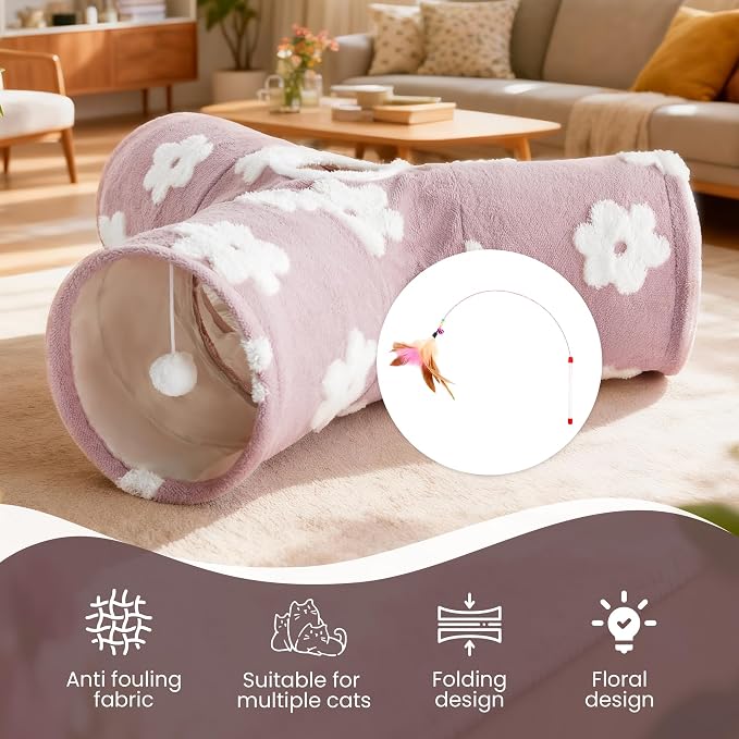 Tempcore Flannel Cat Tunnel for Indoor Cats, 3 Way Collapsible Pet Play Tunnel with Teaser Wand, Peek Holes & Hanging Ball, Interactive Tube for Kittens & Rabbits, Daisy Burlwood - Image 7