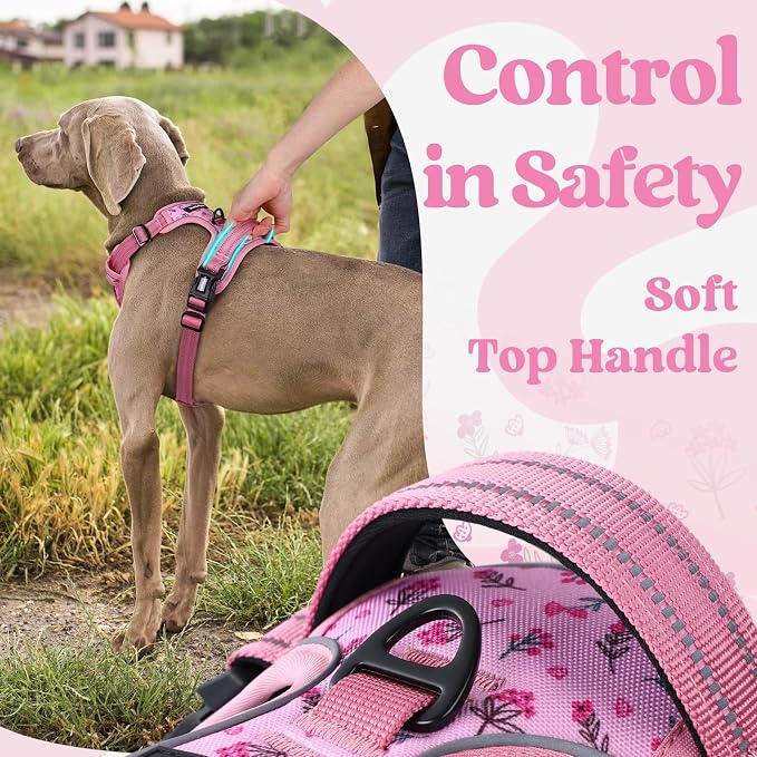 rabbitgoo Dog Harness for Large, Updated Easy On & Off with 3 Buckles | No Pull No Choke, Walking with 2 Clips and Handle, Adjustable Soft Reflective, Floral Pink, Large - Image 5