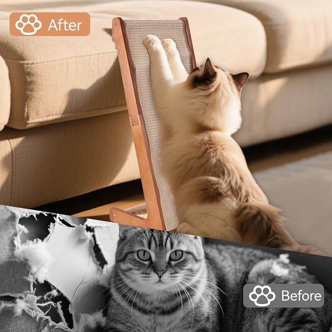 Large-28.5" Sisal Cat Scratcher of L-Shaped Solid Wood Cat Scratching Post - Beechwood Base, Natural Sisal Woven Scratching Pad, Durable, Furniture Protector for Cats' Clawing and Play - Image 3