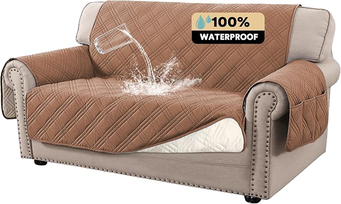 PrinceDeco 100% Waterproof Loveseat Covers for 2 Cushion Couch Sofa Covers Waterproof and Washable Sofa Slipcover with Side Pocket Furniture Protector with Elastic Straps(Loveseat 48", Terracotta) by PrinceDeco