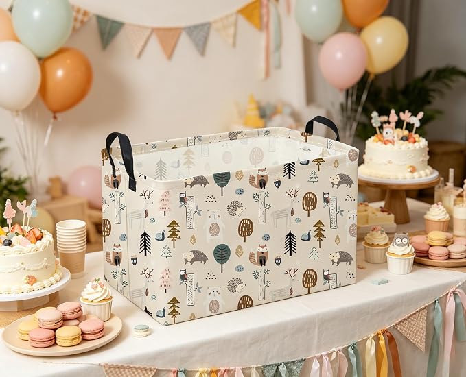 Sanjiaofeng Rectangular Cute Animals Storage Baskets,Foldable Kids Toy Clothes Bins for Bedroom,Woodland Animal Basket,Books Box, Gift Basket(Tree Trunk Animals) - Image 3