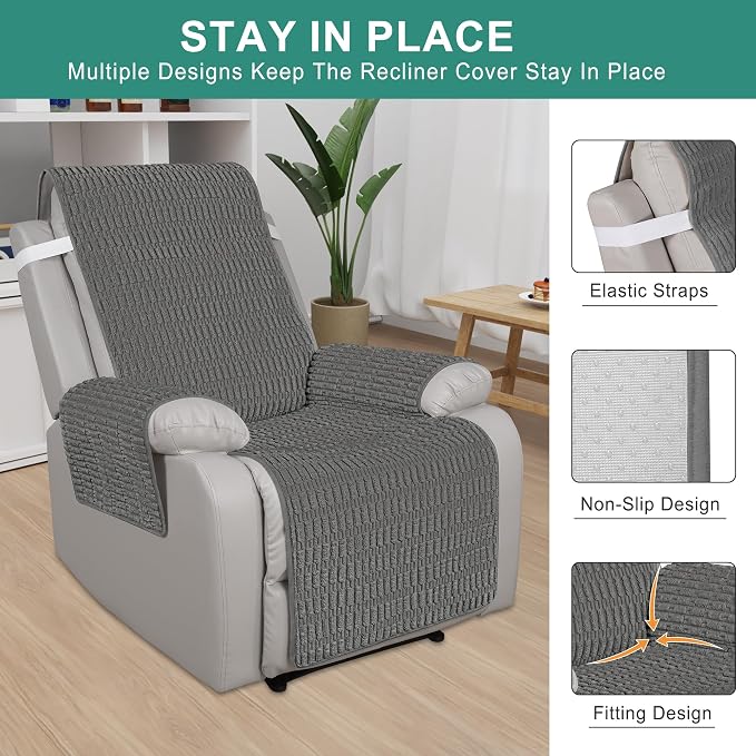 Foxdecor Recliner Chair Covers, Recliner Cover Non-Slip Chair Covers, Washable Recliner Couch Cover Furniture Protector, Cover for Recliner Chair with Elastic Straps. (Dark Grey, 23" W) - Image 3