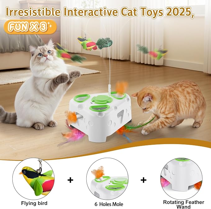3-in-1 Automatic Interactive Cat Toy, Flying Bird, Mole & Feather | Rotating feather, 3 play modes, cheese-shaped non-slip base, USB-C rechargeable 1200mAh battery, 8-minute auto shutoff - Image 2