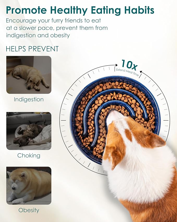 vancasso Slow Feeder Dog Bowl, 1.5 Cup Ceramic Slow Feeding Food Dish for Small and Medium Breed, Puzzle Dog Food Bowl for Fast Eater, Blue - Image 3