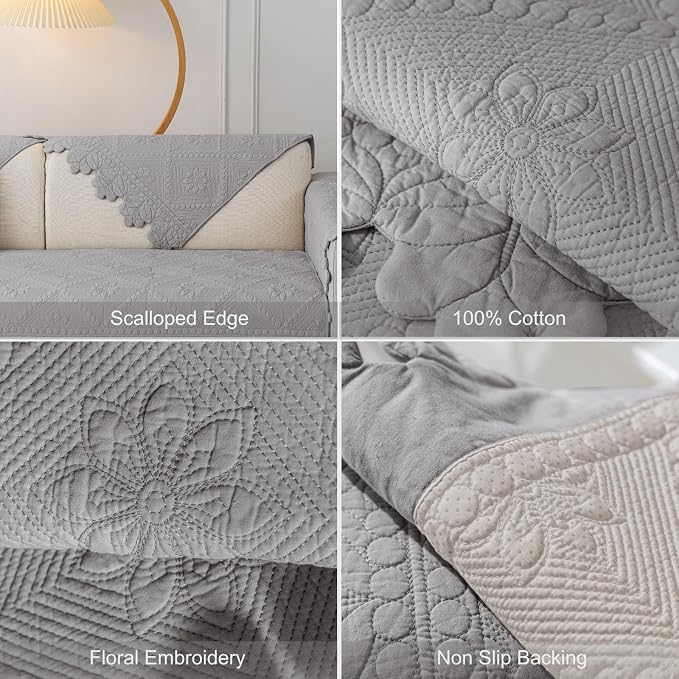 Cotton Quilted Dog Couch Cover for Sofa Farmhouse Rustic Embroidery Sectional Couch Cover Soft Anti-Slip Sofa Slipcover Furniture Protector for Kids, Pets (Grey,36"x70") - Image 7