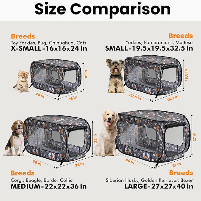 Portable Collapsible Pop Up Kennel, 40" L x 27" W x 27" H, Face of Love | Collapsible indoor/outdoor travel cat and dog crate with mesh screen windows pops up and folds flat for easy storage - Image 3