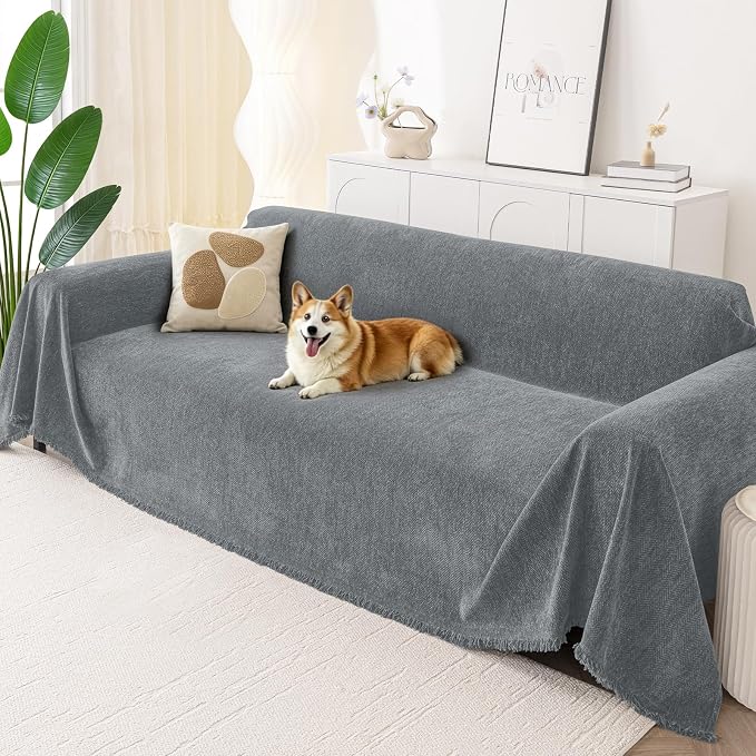 Smiry Couch Cover for Dogs, Chenille Sofa Covers for 3 Cushion Couch | Washable Soft Sofa Slipcover for Pets, Thick Sectional Furniture Protector with Tassels (Grey, 71x150 Inch) by Smiry