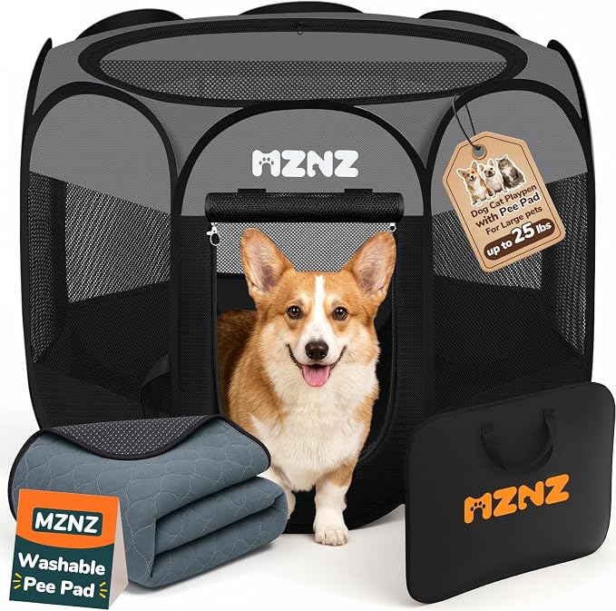 Dog Cat Small Animal Puppy Playpen with Pee Pad, Medium, Dark Grey | Portable Pop Up Pet Crate Cage Enclosure Tent Kennel Indoor Outdoor with Carrying Case, No Assembly, Camping Use by MZNZ