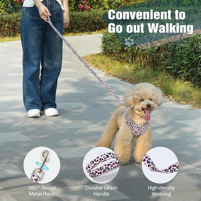 Pawaboo Small Dog Harness and Leash Set, Puppy Harness X-Frame Adjustable | Dog Vest Harness for Small Medium Sized Dogs No Pull No Choke, Soft Breathable Pet Harness for Outing, M, Light Pink Leopard - Image 6