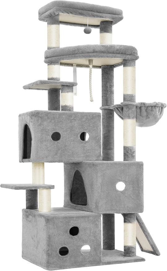 Heybly Cat Tree, 74-Inch Streamlined Cat Tower for Large Cats HCT061W | Cat Furniture with 3-Tier Stacked Condos, Large Perch, Sturdy Base, Full Sisal Scratching Posts & Ramp, Light Gray - Image 4