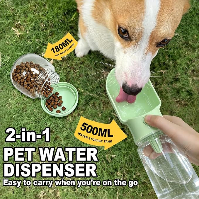 Green Large Portable Dog Water Bottle with Food Container | Travel Dog Water Bowl(500ml),Food Container(180ml),Leak-Proof,2-in-1 Pet Essential Outdoor Supplies for Walks Hikes Campsites - Image 2