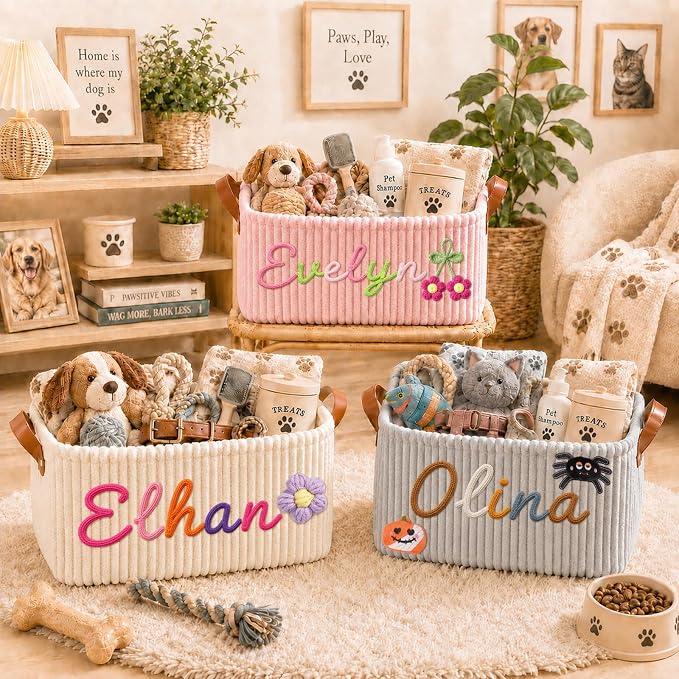 Personalized Pet Dog Cat Toy Storage Basket Bin with Embroidery Name & Icon | Custom Puppy Corduroy Storage Bins, Customized Dog Toy Box Organizer for Pet Supplies, Treats & Blankets, Pets Gifts Basket - Image 3