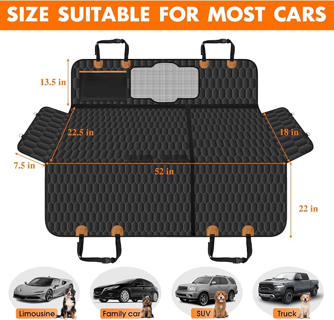 Waterproof Dog Car Seat Cover for Back Seat, Pet Hammock- S, Black/Orange | Durable waterproof hammock with nonslip design & storage pockets. Protects seats from scratches, fits cars, SUVs & trucks. - Image 2