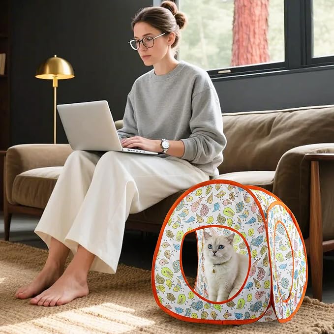 Andiker Cat Tent, 3 Holes Safe and Strong Cute Cats Tunnel Collapsible Easy to Carry Cat House for Indoor Cats Kittens Hiding Playing Training Sleeping (Tent Bird) - Image 6