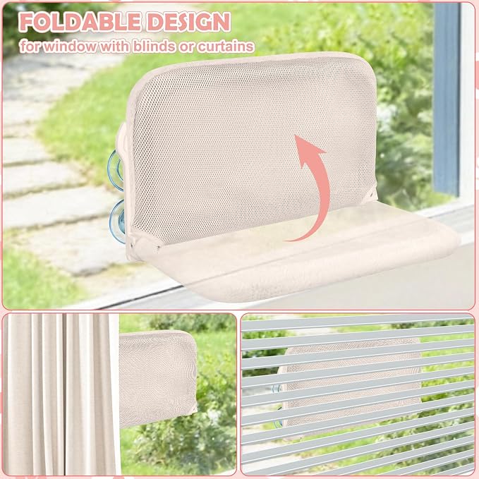 2 Pack Cat Window Perch,Cat Window Hammock Cordless Foldable Window Bed with 4 Large Strong Suction Cup,Reversible Cushion Cover,Metal Frame Easy to Adjust Window Seat Holds up to 40lbs(Beige - Image 5