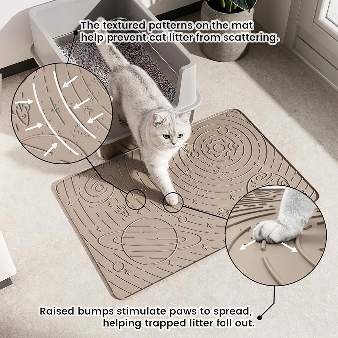 Cat Litter Mat Medium 23.6x15.7in, Beige Silicone Rubber Scatter Control Kitty Litter Box Trapping Mat, Waterproof Easy to Clean, Odorless Pet Supplies, Indoor Cat Essentials - Image 2