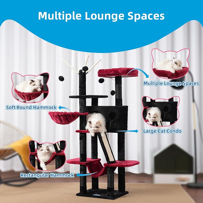Hey-brother Cat Tree Tower with Padded Platform Bed, Hammock, MPJ019-SBR | 53 Inches Cat House with Large Cozy Condo, Toy Balls and Sisal Scratching Posts for Indoor Multi-Cats, Black and Red - Image 4