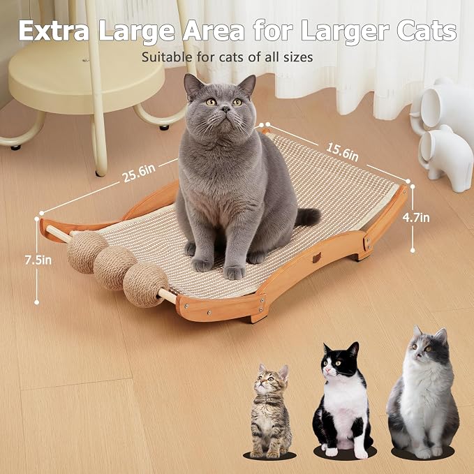 3 in 1 Sisal Cat Scratcher Bed, Solid Pine Cat Scratcher with Balls (Wood) | Extra Large Cat Scratching Post with Hammock, Cat Scratcher for Scratch & Play & Rest, Cat Furniture for Indoor Cats, Kitten - Image 3
