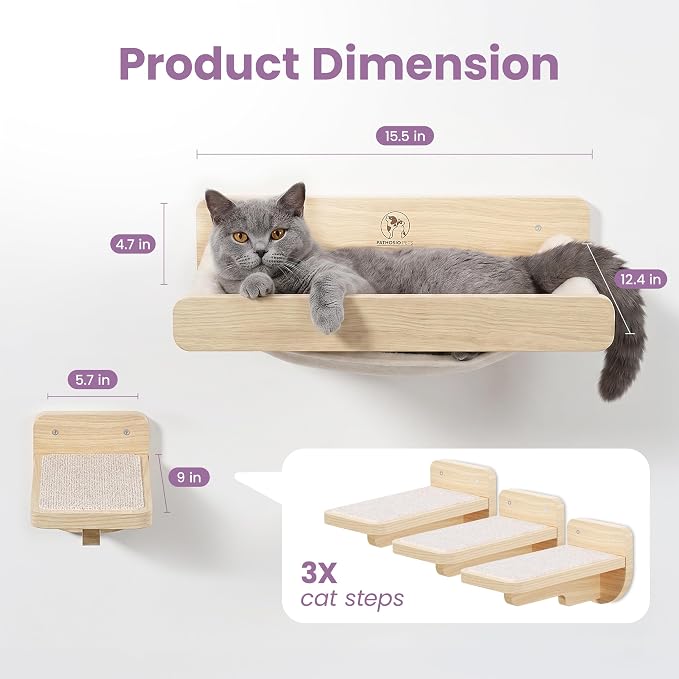 Cat Wall Shelves - Wall Mounted Cat Shelves with Feeding Station | Solid Pinewood, Beige Carpet, Supports Up to 33 lbs, Stainless Bowls, Dog-proof, Lounging, Climbing - Image 3