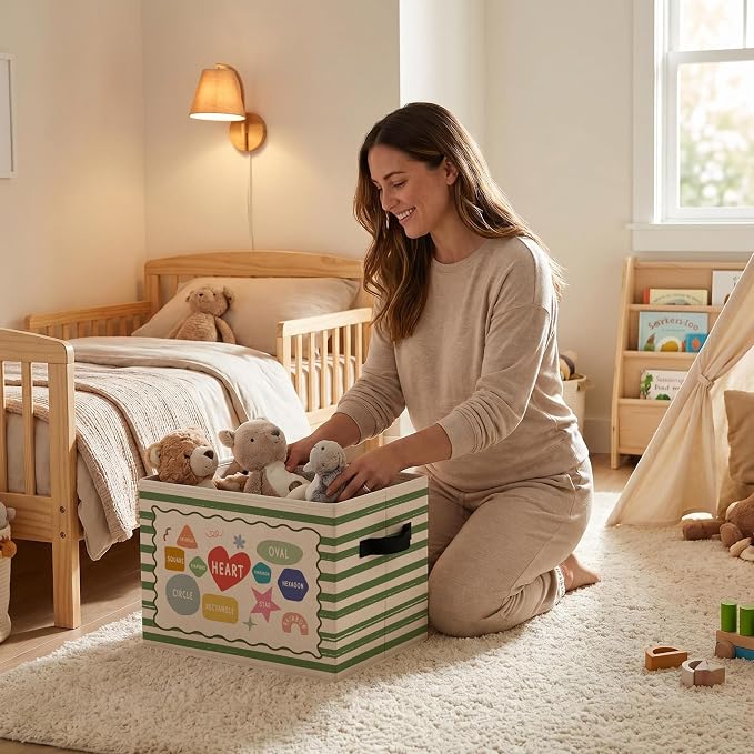 Shape Educational Storage Bins Box, Colorful Collapsible Organizer Basket | fun toddler learning storage box basket for books clothes, green striped organizer for nursery bedroom playroom, 10x14 in - Image 2