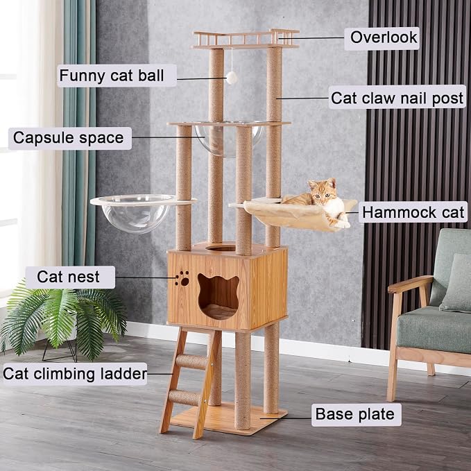 61'' Wooden cat Tree with cat Condo, Cat Stairs Scratching Posts, 2 Bowl,Sisal Scratching Posts,Cozy Cat Hammock and Top Perch. Cat Tree for Large Cats. - Image 3