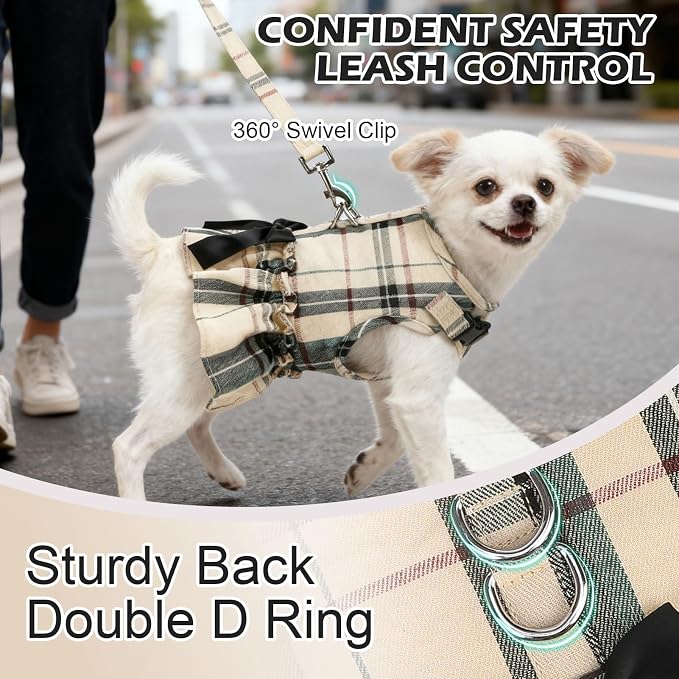 EXPAWLORER Dog Harness Small Medium Sized Dogs, No Choke No Pull Mesh Vest | Plaid Dog Dress Bowknot Harness and Leash Set Soft Cute Princess Puppy Outfits Clothes Costume for Girls Party Cats Beige XS - Image 3