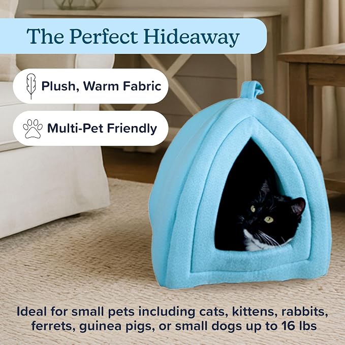 PETMAKER Cat House Indoor Bed with Removable Foam Cushion, Blue | Plush Cat Tent Bed for Small Kittens, Rabbits, Guinea Pigs, and Other Small Animals, Comfortable Cozy Pet Hideaway - Image 2
