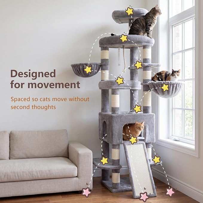Heybly Cat Tree, 82.7″ Extra Tall Cat Tower for Large Cats Adult HCT063W | Giant Cat Condo with Multi-Level Platforms, 2 Baskets, Spacious Cat Cave, Wide Sisal Scratching Board, Light Gray - Image 8