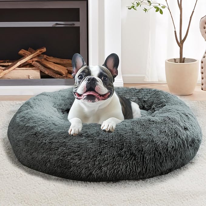 JOLLYVOGUE Calming Small Dog & Cat Bed for Indoor Cats - 20 inches Washable Donut Bed for Kittens & Puppies, Anti-Anxiety Round Fluffy Plush Pet Beds (Fits up to 15 lbs, Navy Grey) by JOLLYVOGUE