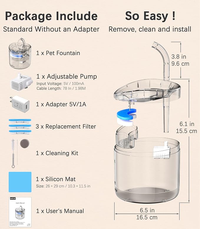 Cat Water Fountain Animal Water Dispenser 61OZ/1.8L Automatic Pet Drinking Fountain with 3 Filter Replacement 1 Pump 1 Cleaning Brush kit 1 Silicone Food Mat 1 Adapter for Cats Kitty Indoor - Image 6